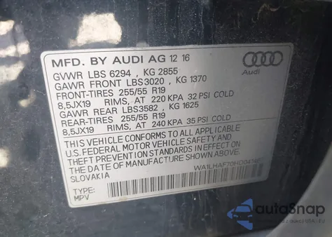 2017 Audi Q7 2.0T Premium из США, поврежденный, VIN WA1LHAF70HD041467